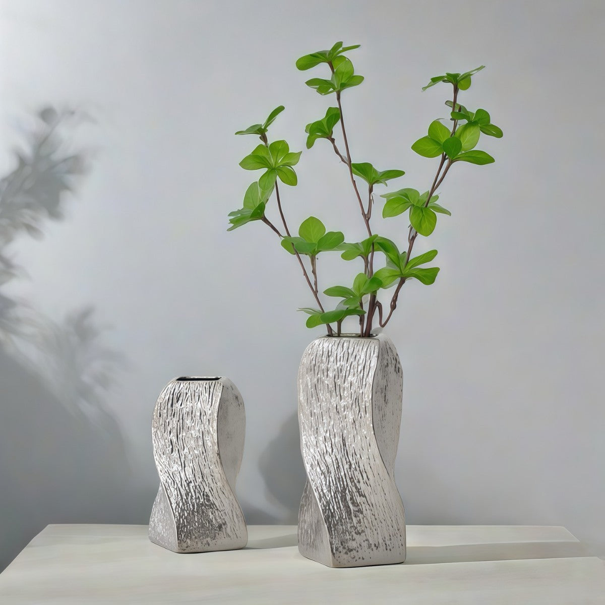 Silver Abstract Twisted Ceramic Vase - Artistic Minimalist Flower Holder for Home Decor (20x10x10cm)