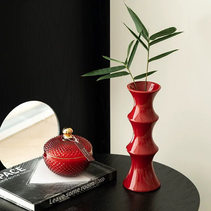 Glossy Red Ceramic Vase - Unique Bamboo-Look Design (25.5x9x7cm)