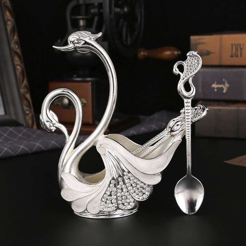 Silver Elegant Double Swan Cutlery Holder Set with 6pcs Spoons