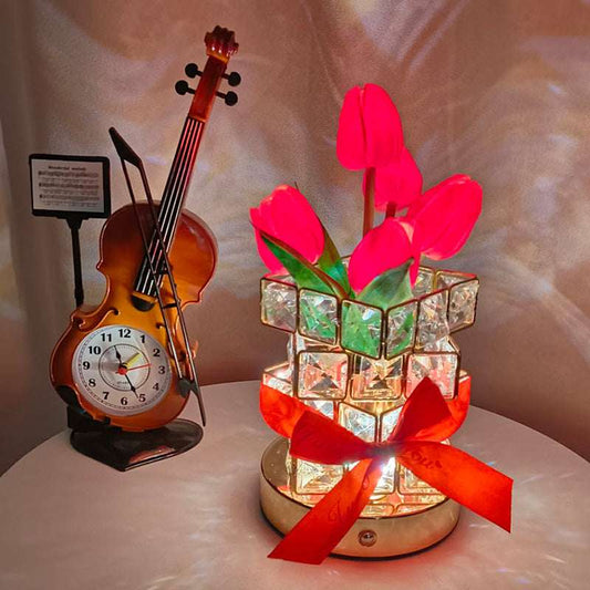 Red Elegant Crystal Tulip LED Night Light - Rechargeable Touch Lamp with 3 Colors & Dimming