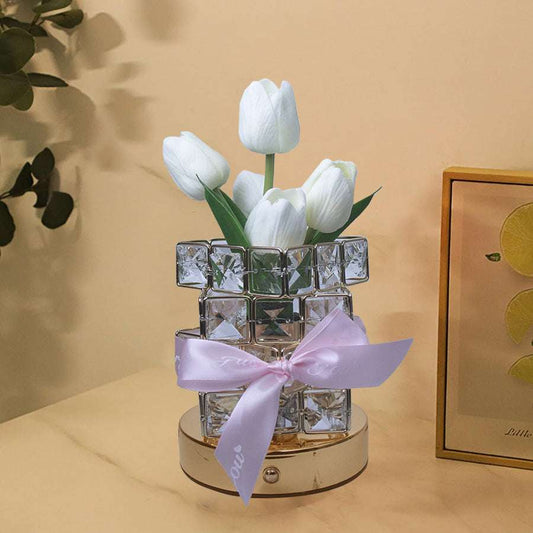 White Elegant Crystal Tulip LED Night Light - Rechargeable Touch Lamp with 3 Colors & Dimming