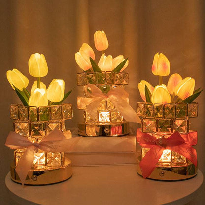 White Elegant Crystal Tulip LED Night Light - Rechargeable Touch Lamp with 3 Colors & Dimming