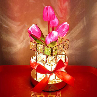 White Elegant Crystal Tulip LED Night Light - Rechargeable Touch Lamp with 3 Colors & Dimming