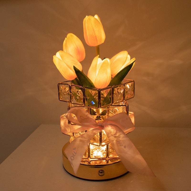 White Elegant Crystal Tulip LED Night Light - Rechargeable Touch Lamp with 3 Colors & Dimming
