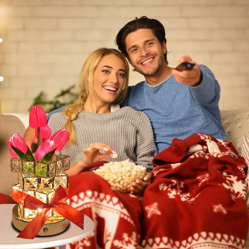 White Elegant Crystal Tulip LED Night Light - Rechargeable Touch Lamp with 3 Colors & Dimming