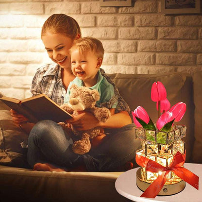 White Elegant Crystal Tulip LED Night Light - Rechargeable Touch Lamp with 3 Colors & Dimming