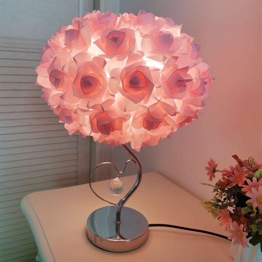 Pink Roses And Silver Base Romantic Red Rose Flower Table Lamp - Crystal Heart Accent Bedside Night Light