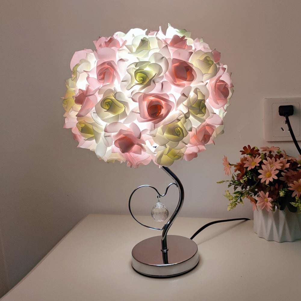 Yellow Roses And Silver Base Romantic Red Rose Flower Table Lamp - Crystal Heart Accent Bedside Night Light