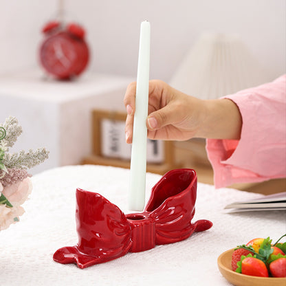 Red Elegant Ceramic Bow Taper Candle Holder - Stylish Tabletop Decor Accent