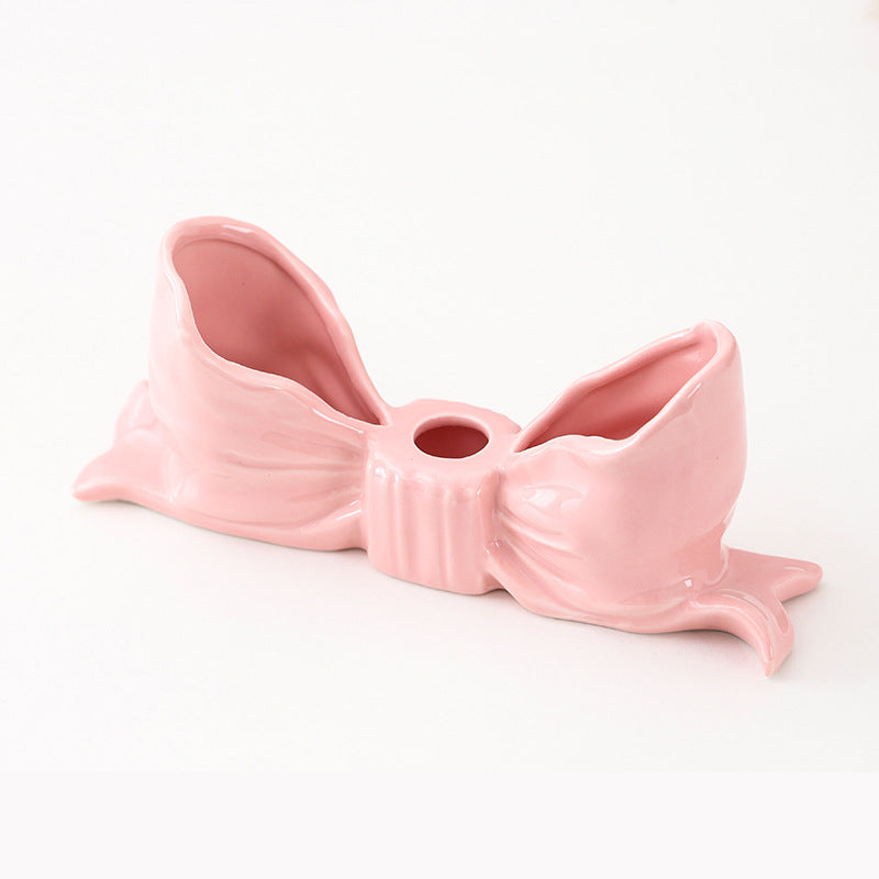 Pink Elegant Ceramic Bow Taper Candle Holder - Stylish Tabletop Decor Accent