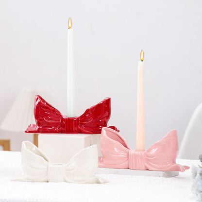 Pink Elegant Ceramic Bow Taper Candle Holder - Stylish Tabletop Decor Accent