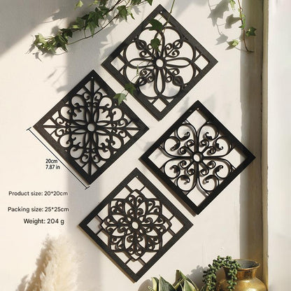 Black Set of 4 Intricate Black Wooden Wall Art Panels - Diamond Mandala Style Home Decor Plaques