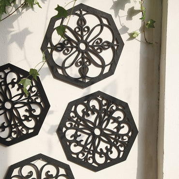 Black Set of 4 Intricate Wooden Octagonal Wall Art - European Style Mandala Decor Plaques