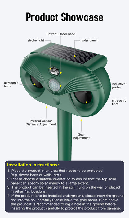 Green Advanced Solar Powered Ultrasonic Animal Repeller - Outdoor Pest Deterrent with Motion Sensor, Strobe Light & Laser