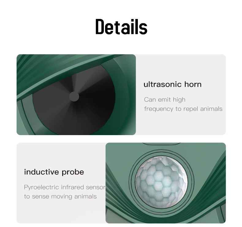 Black Advanced Solar Powered Ultrasonic Animal Repeller - Outdoor Pest Deterrent with Motion Sensor, Strobe Light & Laser