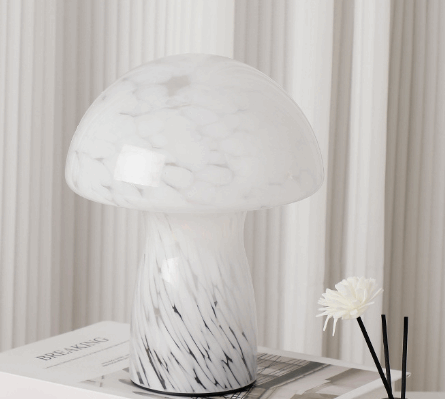 Speckled White Retro Swirl Glass Mushroom Table Lamp - LED Bedside Night Light