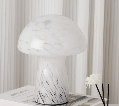 Speckled White Retro Swirl Glass Mushroom Table Lamp - LED Bedside Night Light