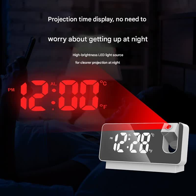 LED Digital Projection Alarm Clock - Temperature, Date, Snooze & 180 Adjustable Projector(White shell white light)