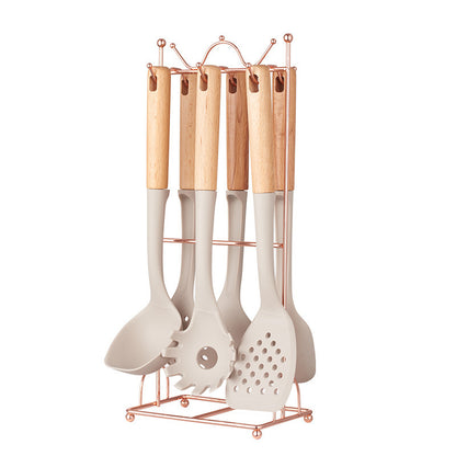 Beige Elegant 7-Piece Silicone Kitchen Utensil Set with Wooden Handles & Rose Gold Stand - Non-Stick Cookware Safe