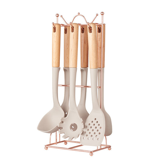 Beige Elegant 7-Piece Silicone Kitchen Utensil Set with Wooden Handles & Rose Gold Stand - Non-Stick Cookware Safe