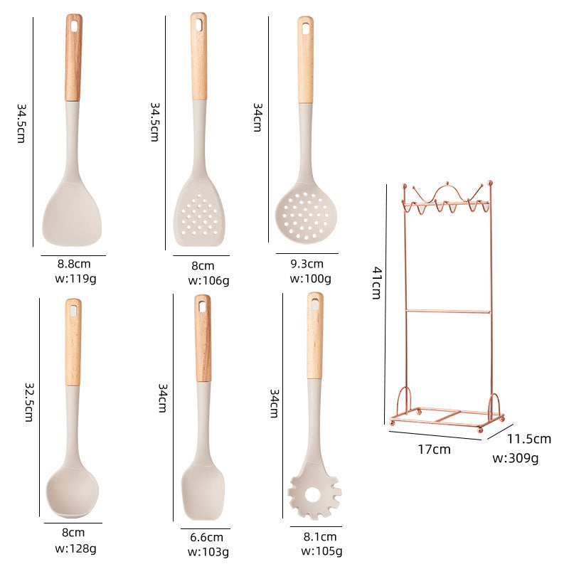 Beige Elegant 7-Piece Silicone Kitchen Utensil Set with Wooden Handles & Rose Gold Stand - Non-Stick Cookware Safe