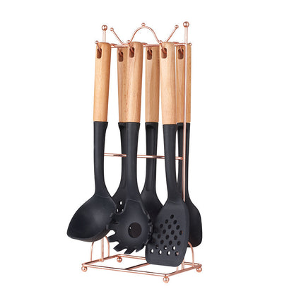 Black Elegant 7-Piece Silicone Kitchen Utensil Set with Wooden Handles & Rose Gold Stand - Non-Stick Cookware Safe