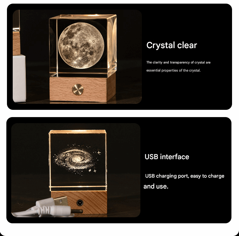 Milky Way Luminous 3D Crystal Cube Night Light - Laser Engraved Artwork with Solid Wood Base