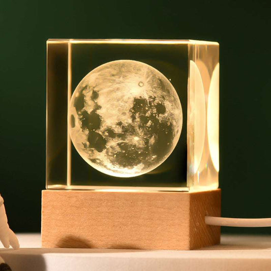 The Moon Luminous 3D Crystal Cube Night Light - Laser Engraved Artwork with Solid Wood Base