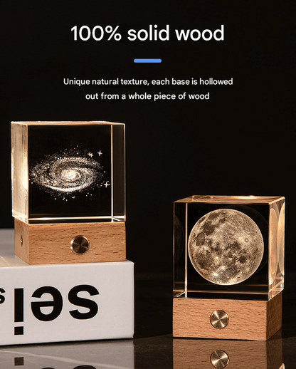 The Moon Luminous 3D Crystal Cube Night Light - Laser Engraved Artwork with Solid Wood Base