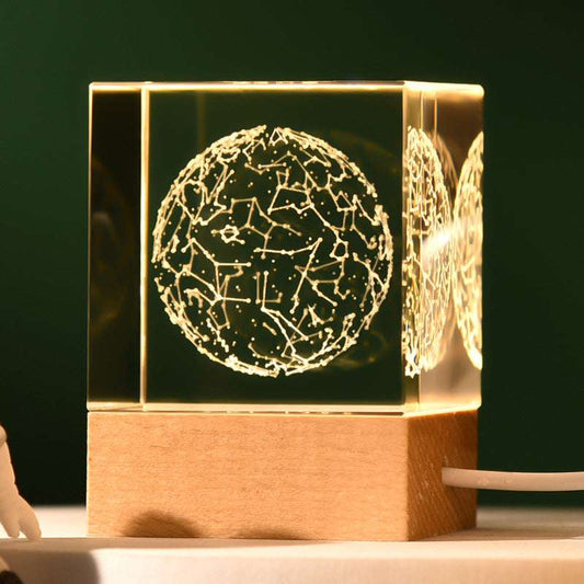 Constellation Luminous 3D Crystal Cube Night Light - Laser Engraved Artwork with Solid Wood Base