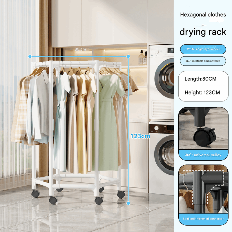 White single layer 360° Rotating Portable Garment Rack - Heavy Duty Rolling Clothes Stand with Wheels for Bedroom & Laundry