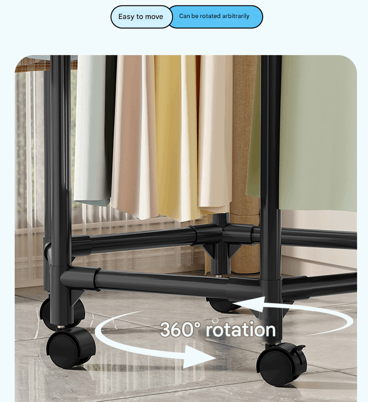 Black single layer  360°Rotating Portable Garment Rack - Heavy Duty Rolling Clothes Stand with Wheels for Bedroom & Laundry