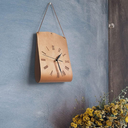 Retro PU Leather Hanging Wall Clock - Silent Sweep Movement, Roman Numerals, Decorative Handbag Style(Light Brown)