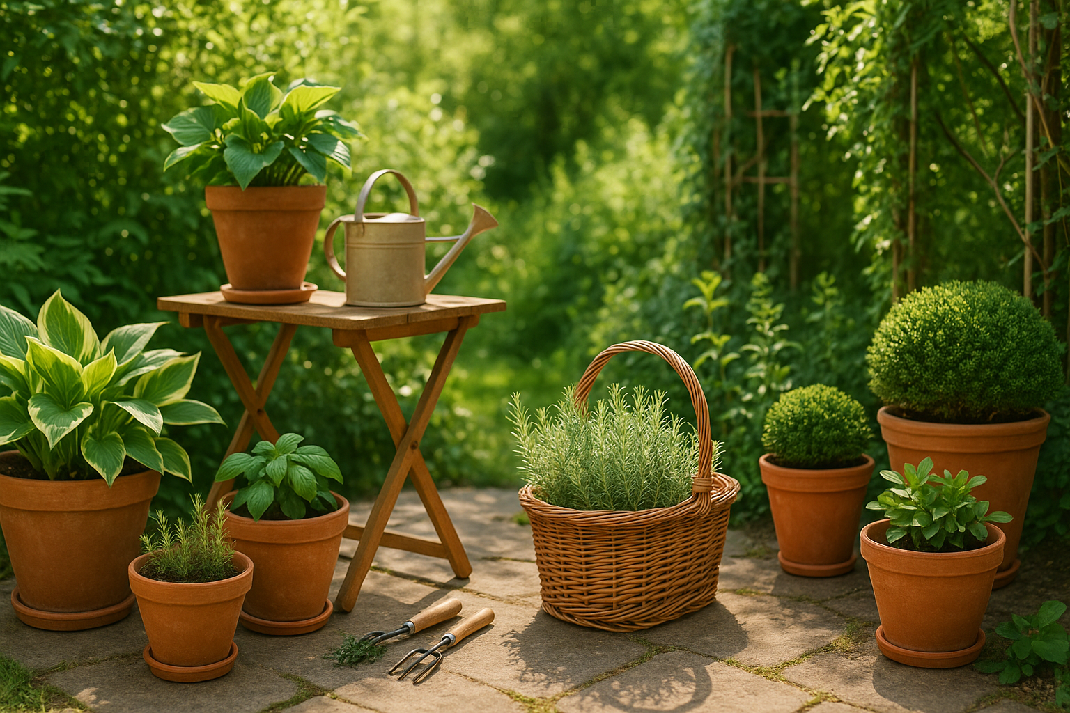 create a horizontal lifestyle image for our garden collection category while using fine touches of lighter brown color, do not fill with brown